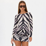 Women's Casual Zebra-Print Round-Neck Long-Sleeve Short Slim-Fit Bodycon Dress