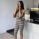 Women Summer Striped Sexy Strapless Off‑Shoulder Short Sleeve Top And Shorts Two Piece Set