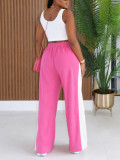 Women Casual Drawstring Color Block Patchwork Wide Leg Pants