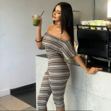 Women Summer Striped Sexy Strapless Off‑Shoulder Short Sleeve Top And Shorts Two Piece Set