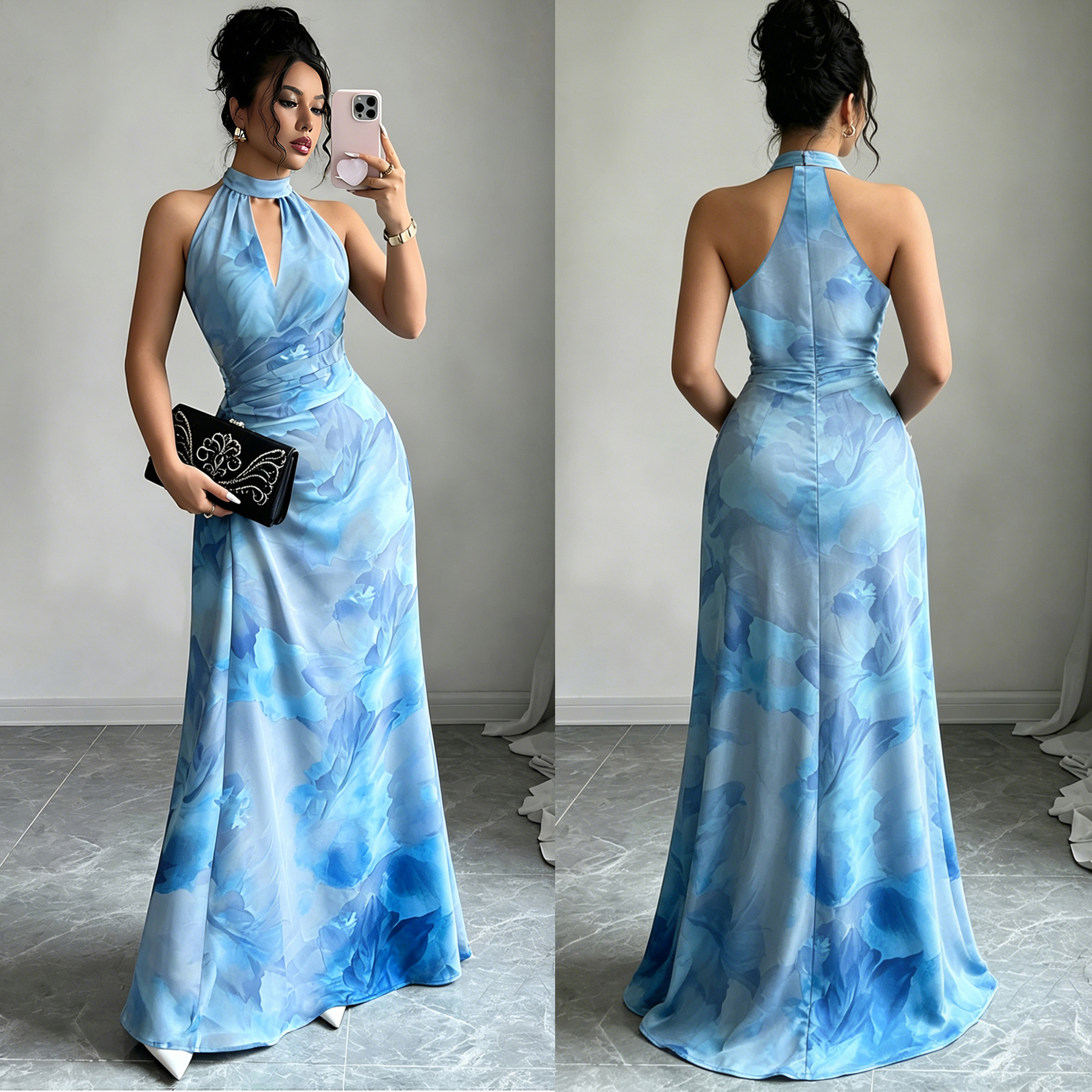 Halter Neck Backless Printed Maxi Dress for Holidays