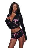 Women's Fashion Casual Printed Zip-Up Hooded Long-Sleeve Top and Drawstring Shorts Set