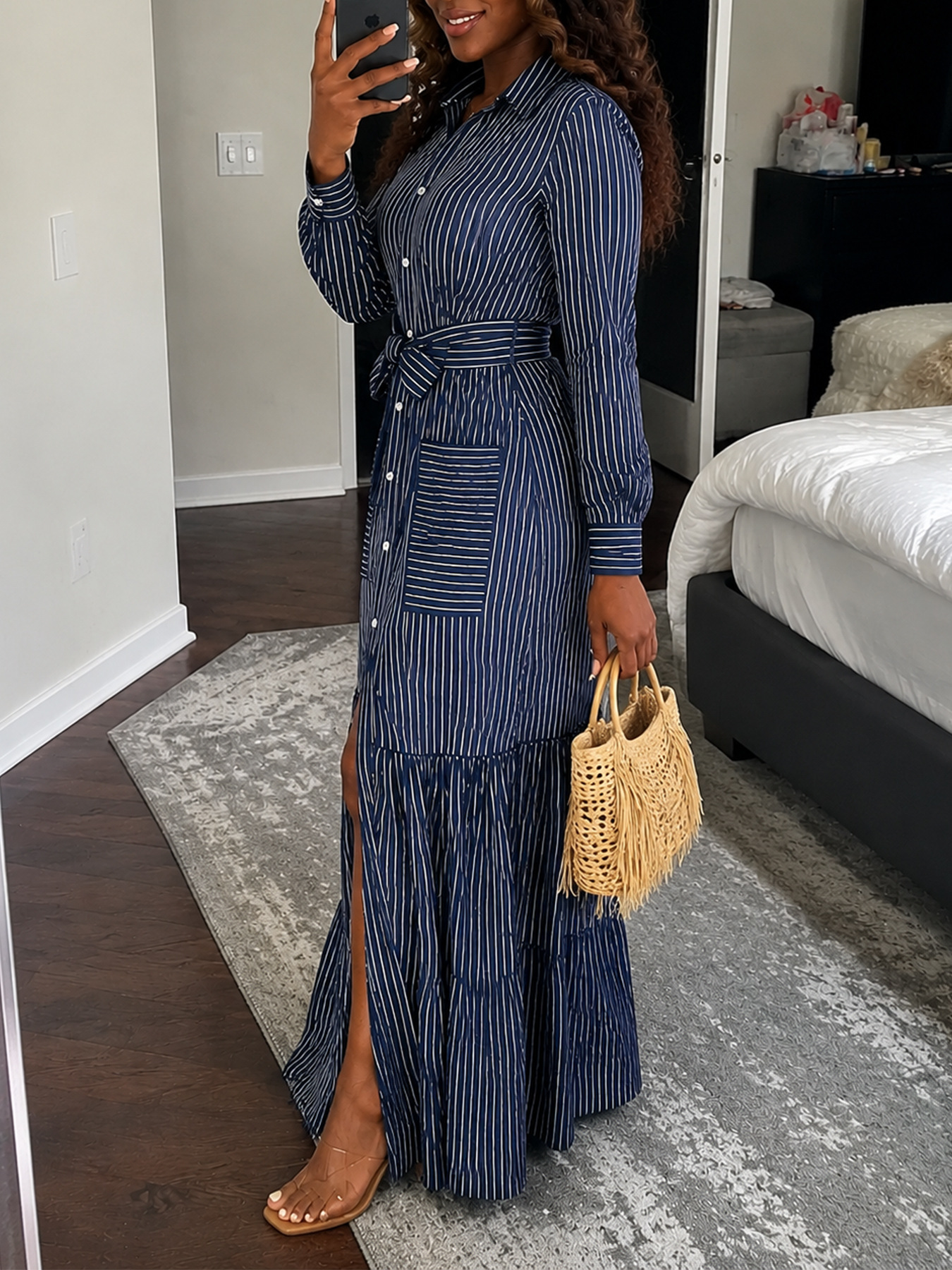 Long Sleeve Turndown Collar Tie Maxi Dress