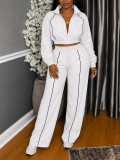 Women Spring Fall Casual Zipper Long Sleeve Top And Drawstring Long Pants Two Piece Set