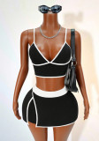 Women's Low Neck Color-Block Crop Top and Sexy Slim Fit Casual Strappy Skirt Set