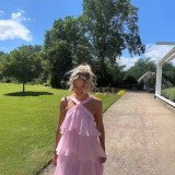 Women Cascading Ruffles Sexy Pink Spaghetti Strap Backless Maxi Dress