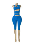Women Washed Ribbed Hollow‑Out Sleeveless Zipper 7/8 Jumpsuit