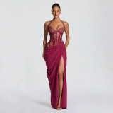 Women's Summer Elegant Lace Patchwork Ruched Strappy Maxi Dress