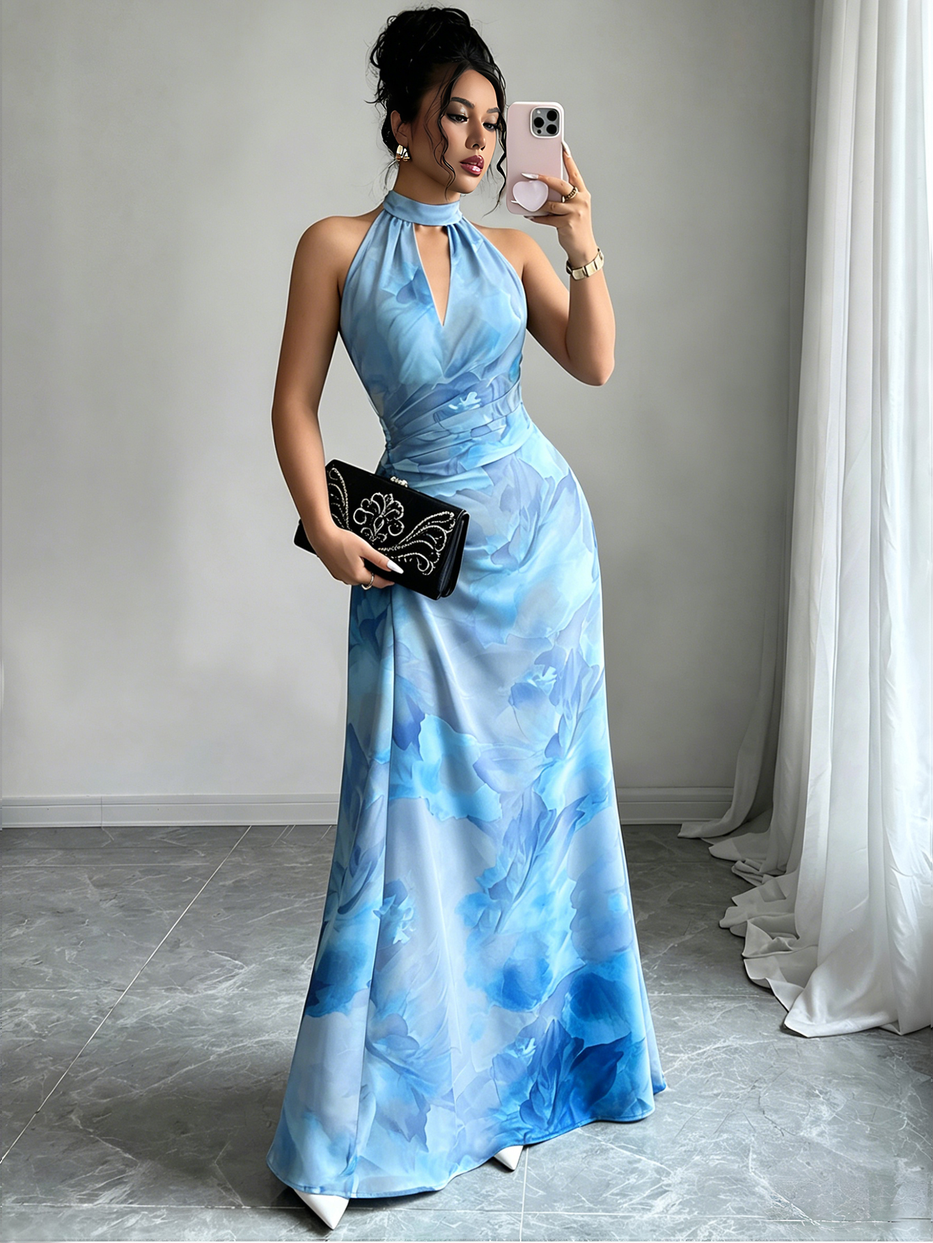 Halter Neck Backless Printed Maxi Dress for Holidays
