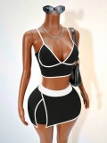 Women's Low Neck Color-Block Crop Top and Sexy Slim Fit Casual Strappy Skirt Set
