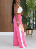 Women Casual Drawstring Color Block Patchwork Wide Leg Pants