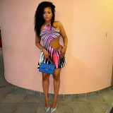 Women's Fashion Color-Block Halter Neck Bodycon Asymmetrical Summer Mini Dress