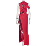 Women Solid Hollow Out Crop Irregular High Neck Sleeveless Long Dress