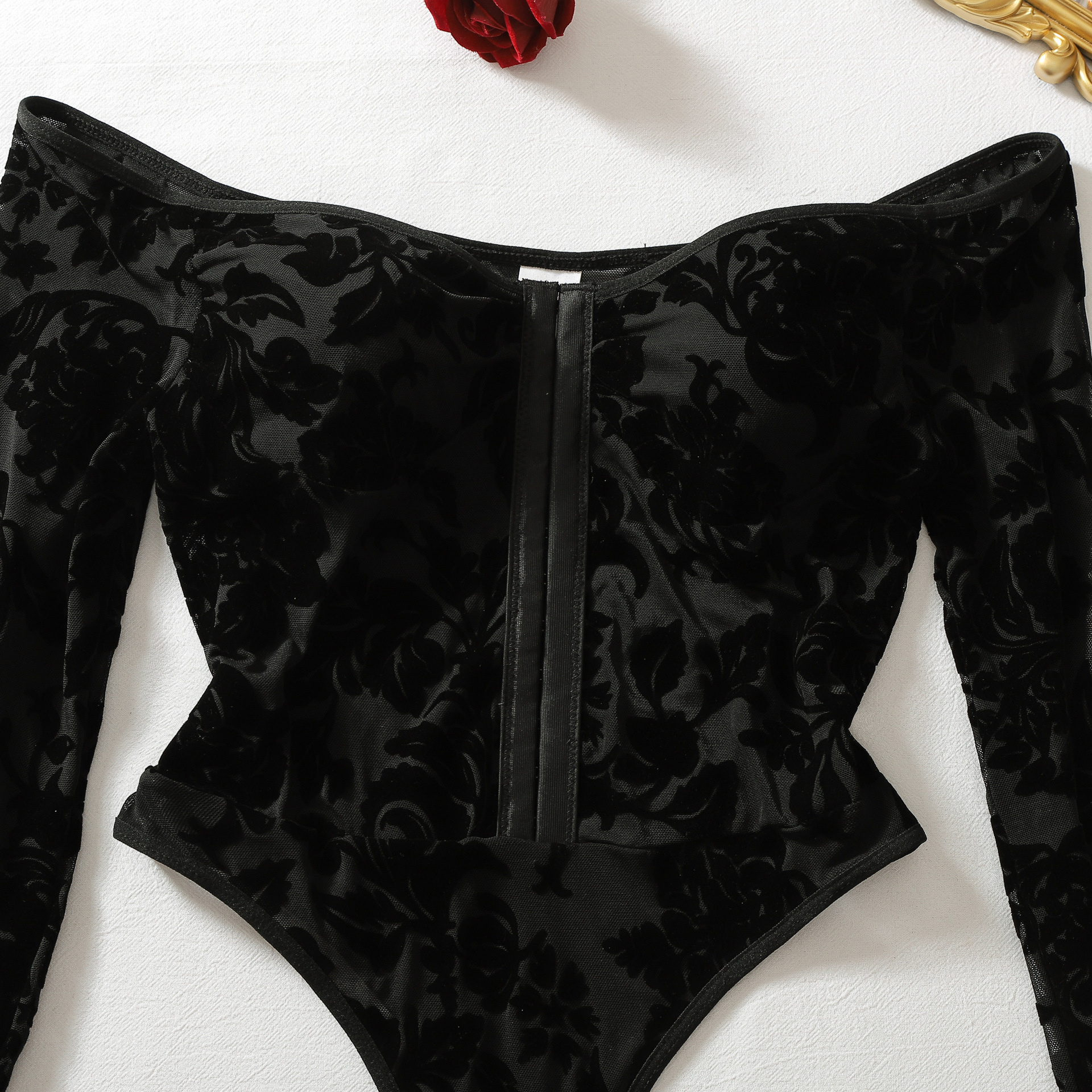 Off-Shoulder Long Sleeve Open-Crotch Shapewear Bodysuit