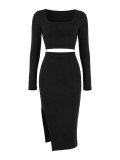 Women Casual Long Sleeve Crop Top And Split Midi Skirt Two Piece Set