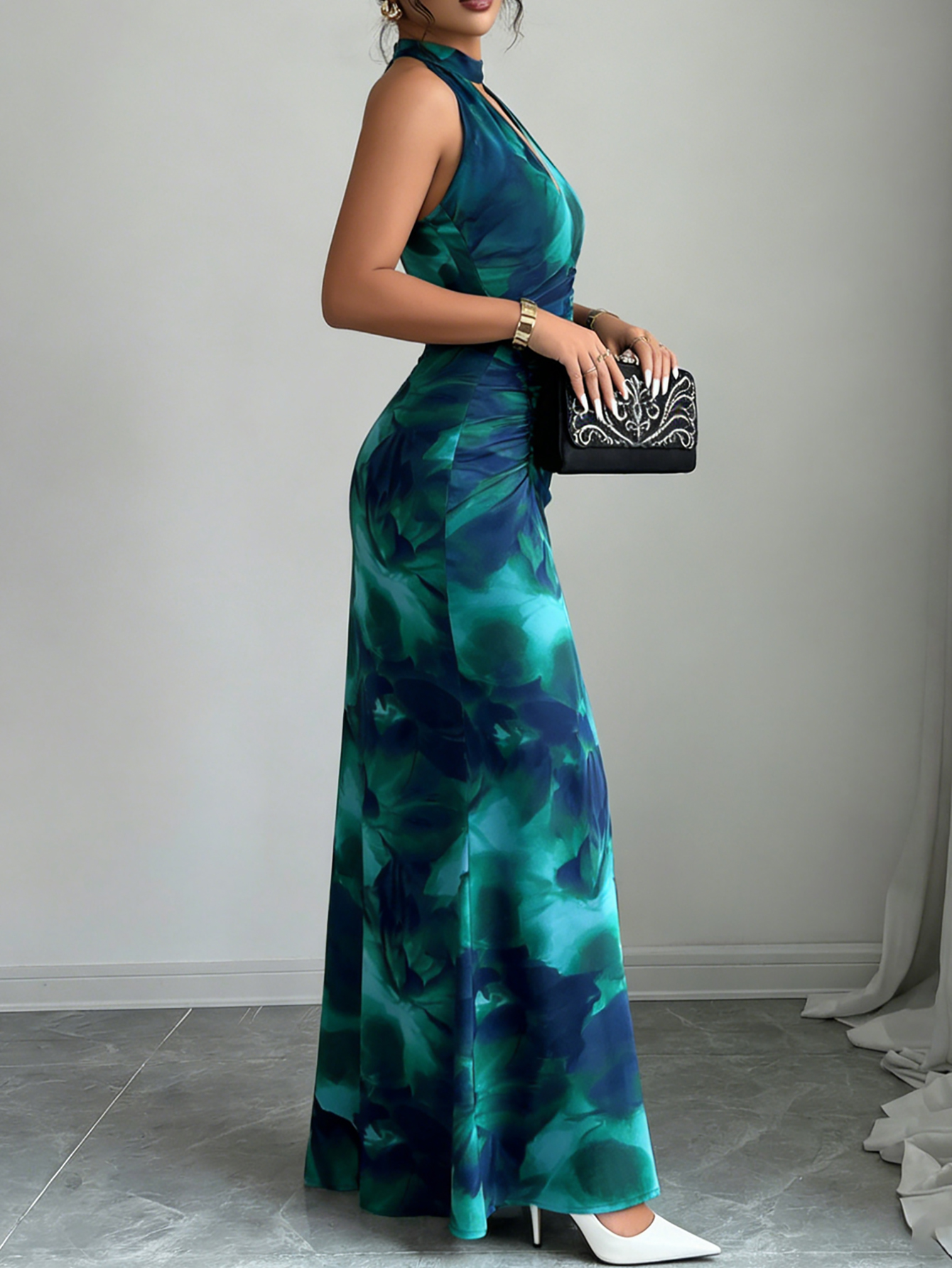 Halter Neck Backless Printed Maxi Dress for Holidays