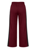 Women Casual Drawstring Color Block Patchwork Wide Leg Pants
