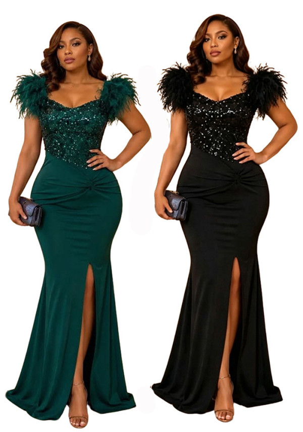 Women's Fashion Feather Patchwork Sequin High-Slit Formal Party Dress