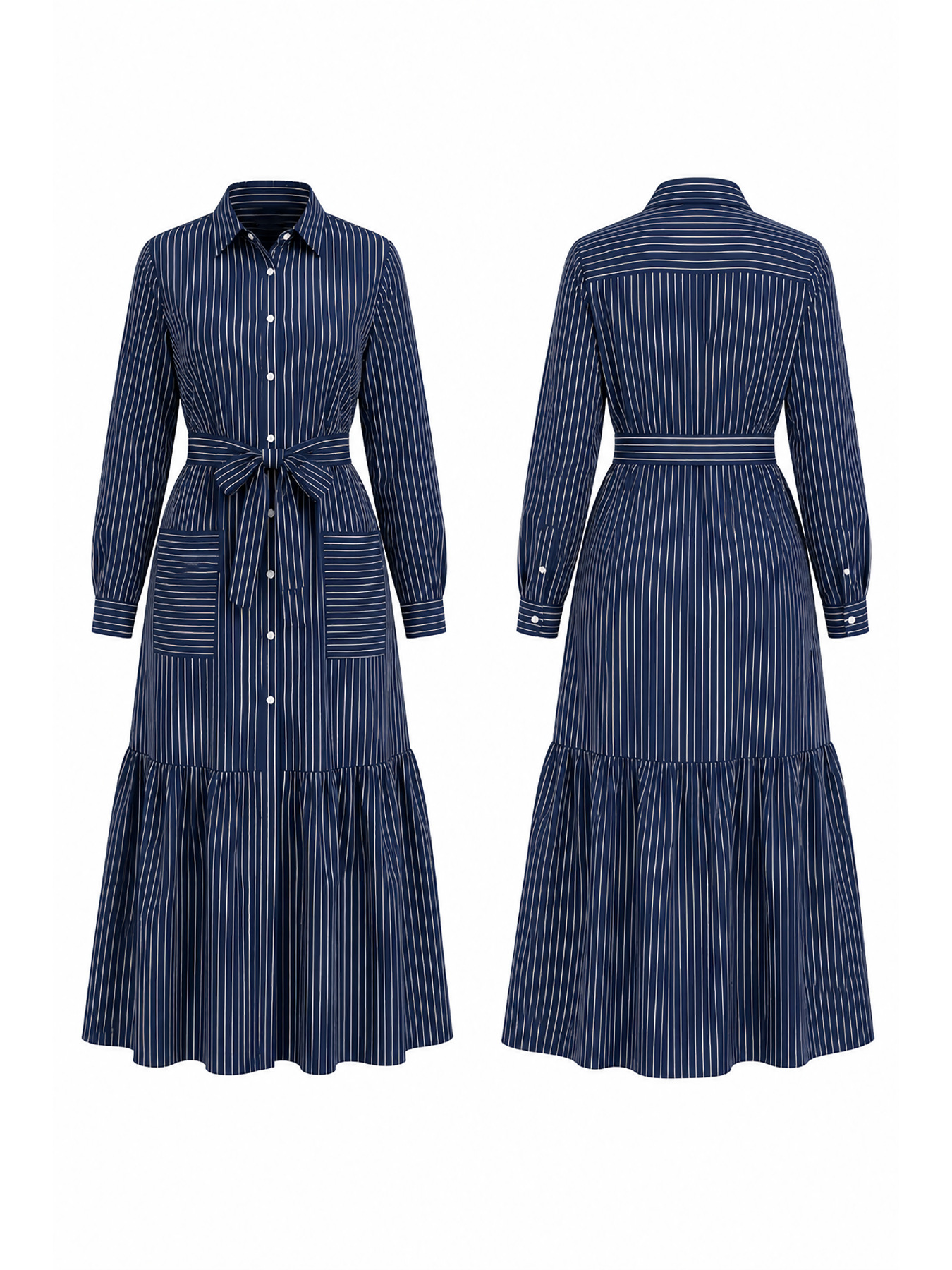 Long Sleeve Turndown Collar Tie Maxi Dress