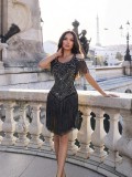 Women's Fashion Round Neck Short-Sleeve Beaded Tassel Dress