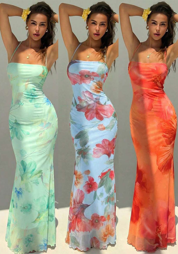 Women's Summer Beach Holiday Sexy Low Back Mesh Strappy Maxi Dress