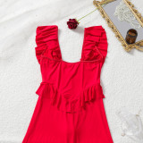 Women V‑Neck Hollow‑Out Ruffle Patchwork Elegant Sexy Shapewear Bodysuit