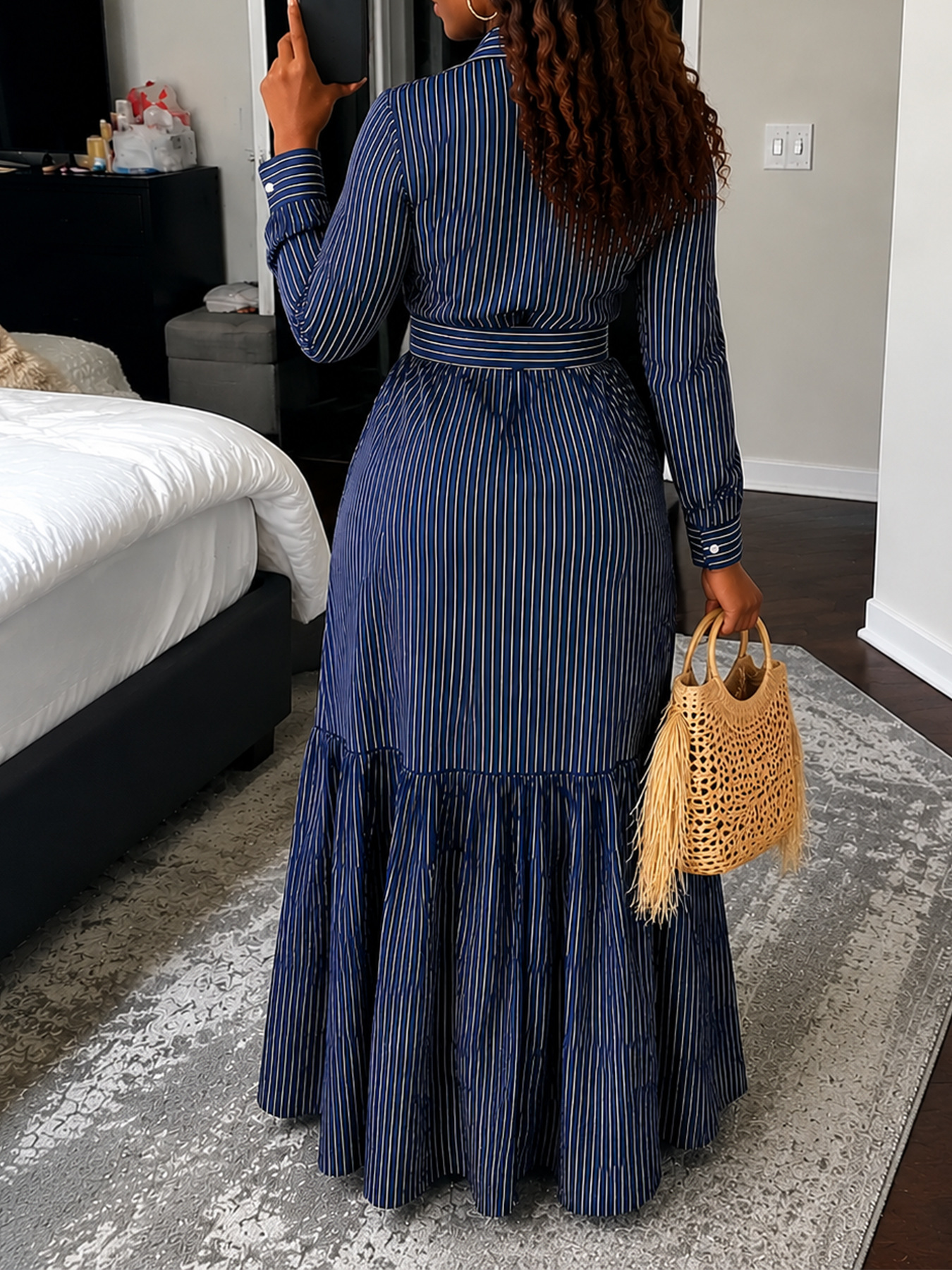 Long Sleeve Turndown Collar Tie Maxi Dress