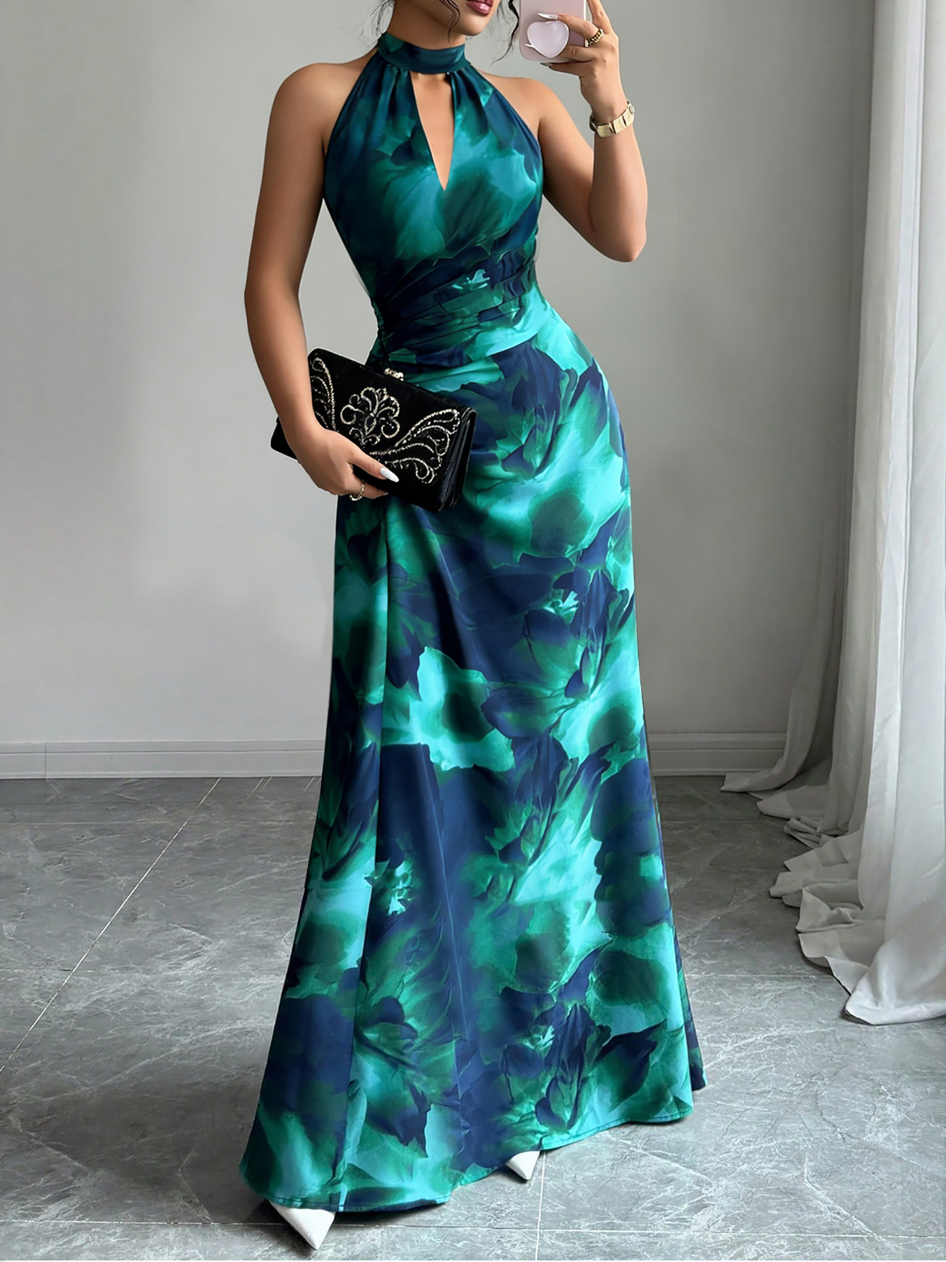 Halter Neck Backless Printed Maxi Dress for Holidays