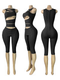 Women Washed Ribbed Hollow‑Out Sleeveless Zipper 7/8 Jumpsuit