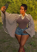 Women's Fall Light V-Neck Polo Stripe Bell-Sleeve Slim Fit Top Women's Fall Light V-Neck Polo Stripe Bell-Sleeve Slim Fit Top