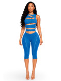 Women Washed Ribbed Hollow‑Out Sleeveless Zipper 7/8 Jumpsuit