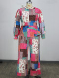 Plus Size Women Printed Ruffle Top And Wide Leg Pants Two Piece Set