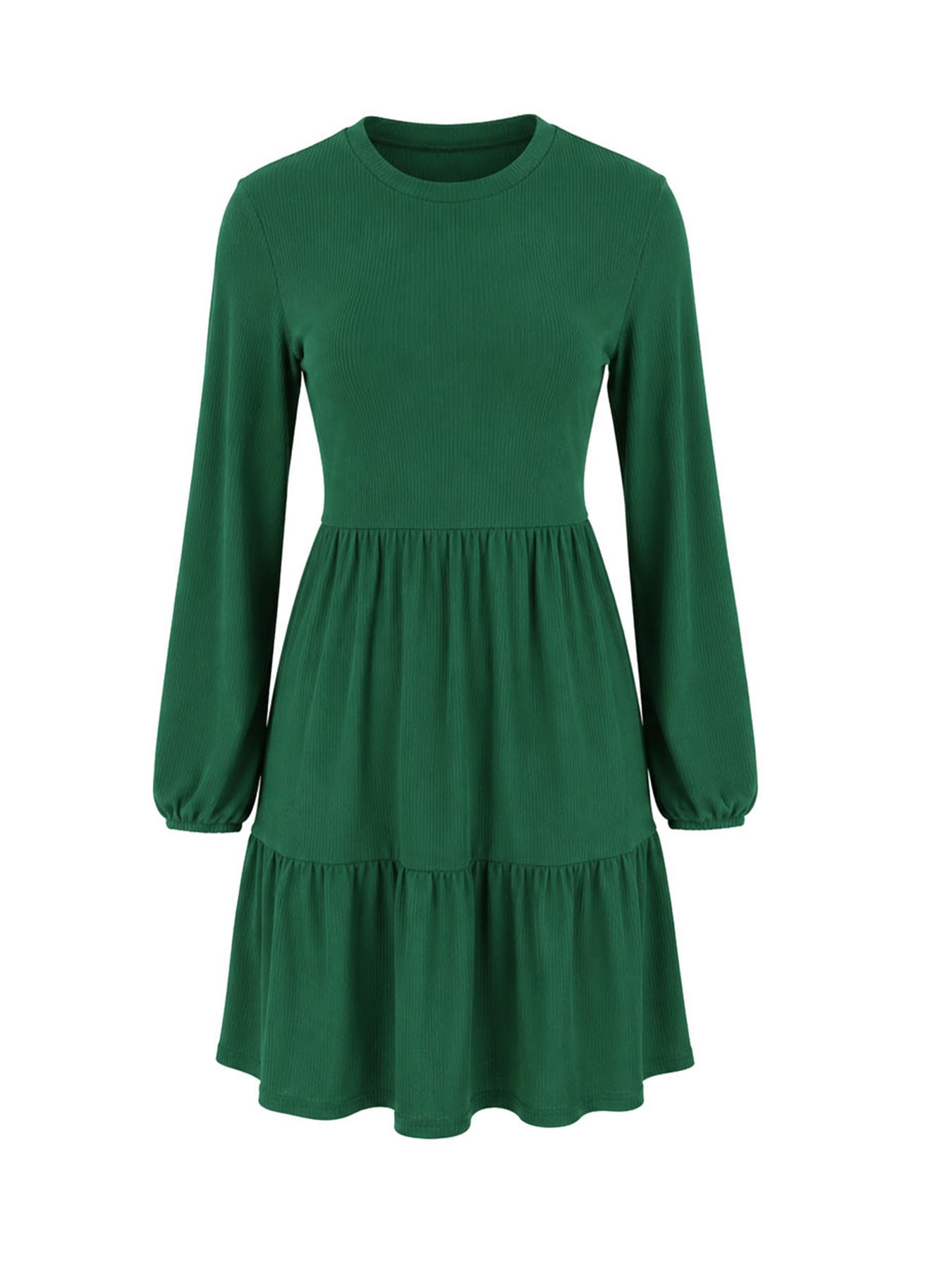 Long Sleeve Ribbed Lantern Sleeve Smocked Dress