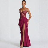 Women's Sexy V-Neck Lace Patchwork Waist-Cinching Lace-Up Slim Fit Slit Formal Dress