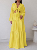 Women Casual Holidays V‑Neck Lace‑Up Long Sleeve Top And Skirt Two Piece Set