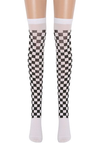 Halloween Black and White Checkered Clown Socks Masquerade Costume Over-the-Knee Stockings