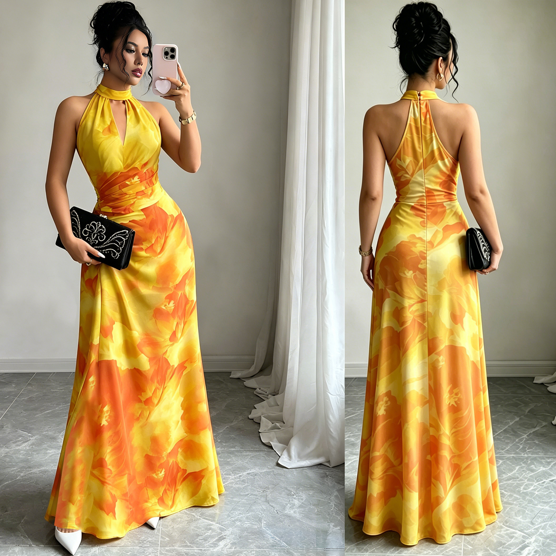 Halter Neck Backless Printed Maxi Dress for Holidays