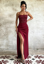 Women's Sexy Slim Waist Strap Slit Dress for Formal Parties