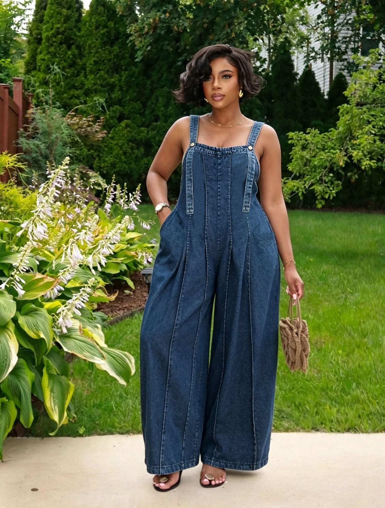 Side Pocket Pleated Wide Leg Washed Denim Overalls