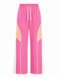 Women Casual Drawstring Color Block Patchwork Wide Leg Pants