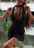 Women's Sexy Deep V-Neck Hollow-Out Low Back Slim Waist Solid Color Halter Neck Bodycon Dress