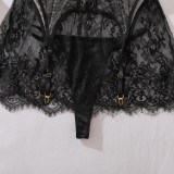Women See‑Through Eyelash Lace Lace‑Up Hollow‑Out Waist Cincher Patchwork Lingerie Two Pieces