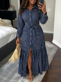 Women Elegant Casual Long Sleeve Turndown Collar Tie Maxi Dress