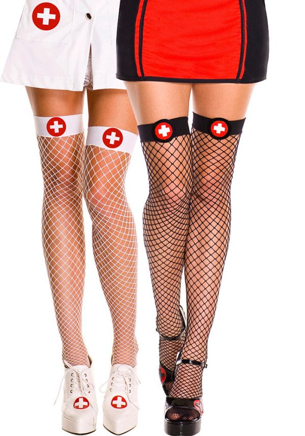 Women's Black and White Fishnet Knee-High Stockings Sexy Nurse Costume Mesh Thigh-High Socks