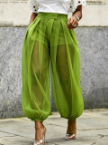 Women Mesh See‑Through Summer Casual Jogger Lantern Wide Leg Pants