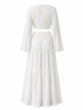 Women Casual Holidays V‑Neck Lace‑Up Long Sleeve Top And Skirt Two Piece Set