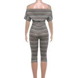 Women Summer Striped Sexy Strapless Off‑Shoulder Short Sleeve Top And Shorts Two Piece Set