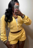 Women's Rivet Sportswear Yellow Zip-Up Hooded Jacket Drawstring Shorts Two-Piece Set