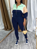 Women Casual Drawstring Color Block Long Sleeve Top And Long Pants Two Piece Set