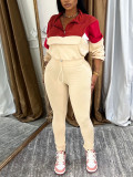 Women Casual Drawstring Color Block Long Sleeve Top And Long Pants Two Piece Set